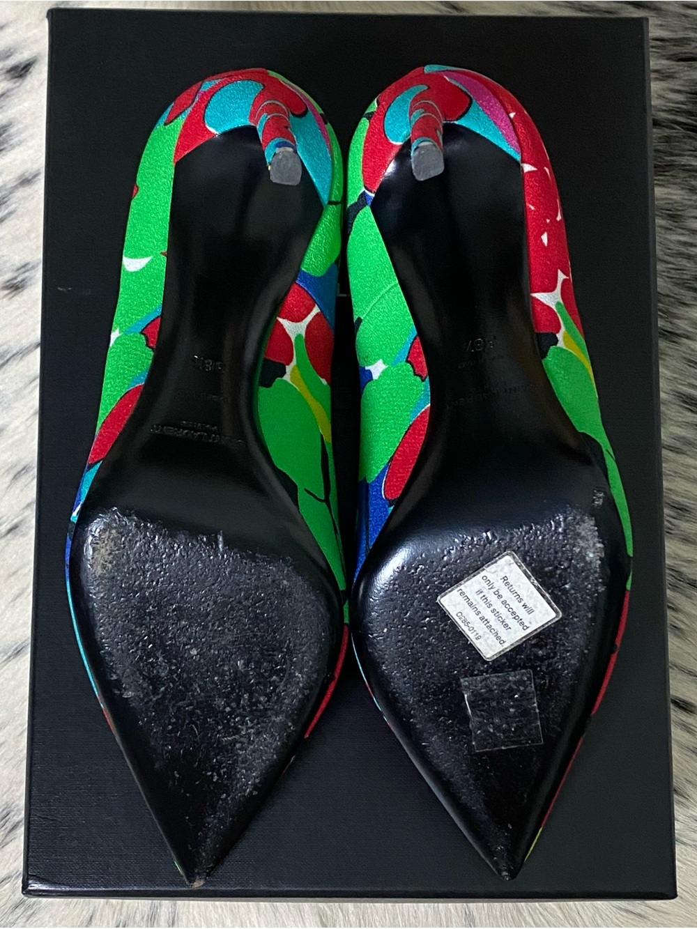 SAINT LAURENT 105MM ZOE “IBIZA”FLORAL HEELS, SZ 38.5 US/8-8.5 - Picture 11 of 11